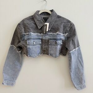 Pretty Little Things Washed Gray Double-Layered Cropped Denim Jacket, size 6